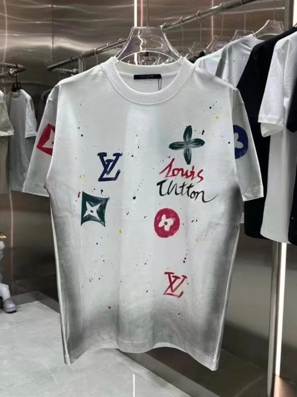 Louis Vuitton White Tee with Multicolor Logo Motifs